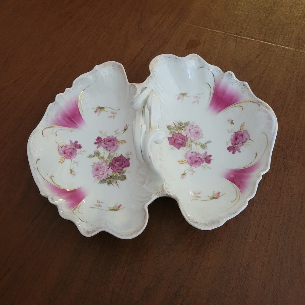 Antique Ornate CT Carl Tielsch Germany Floral Divided Handled Dish Bowl